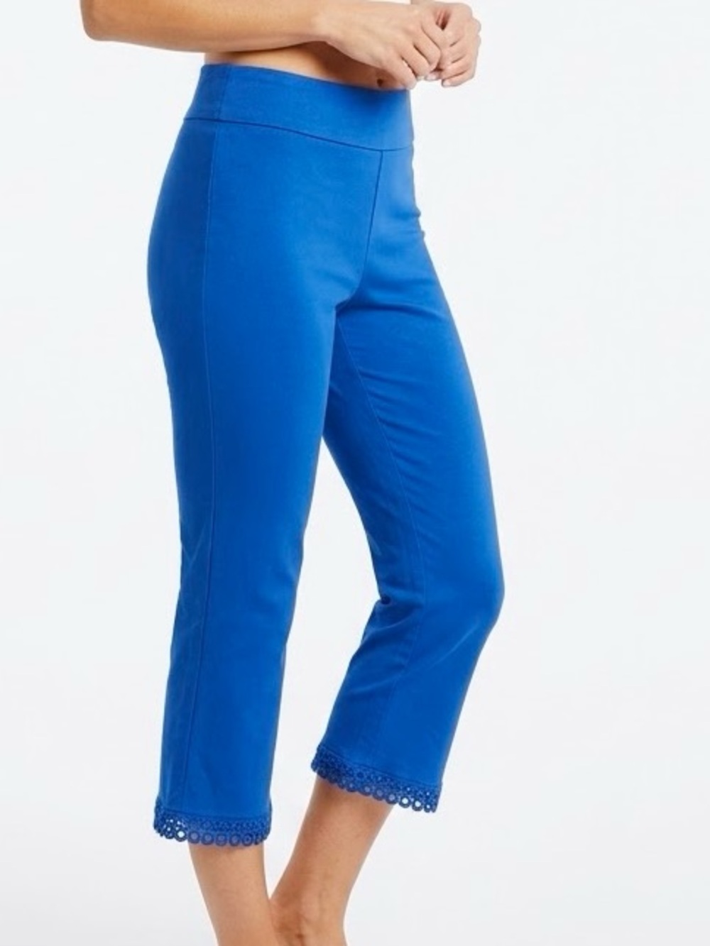 COUNTERPARTS Stretchy Pull-On Blue Cropped Lace-Hem Ponte Ankle Pants #LHP